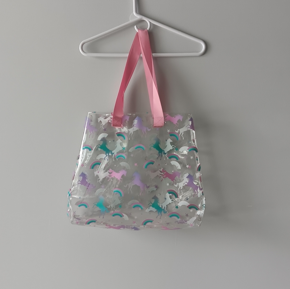 Unicorn Clear Plastic Tote Bag Pink Shoulder Straps Aqua White Purple Rainbows - Picture 10 of 10